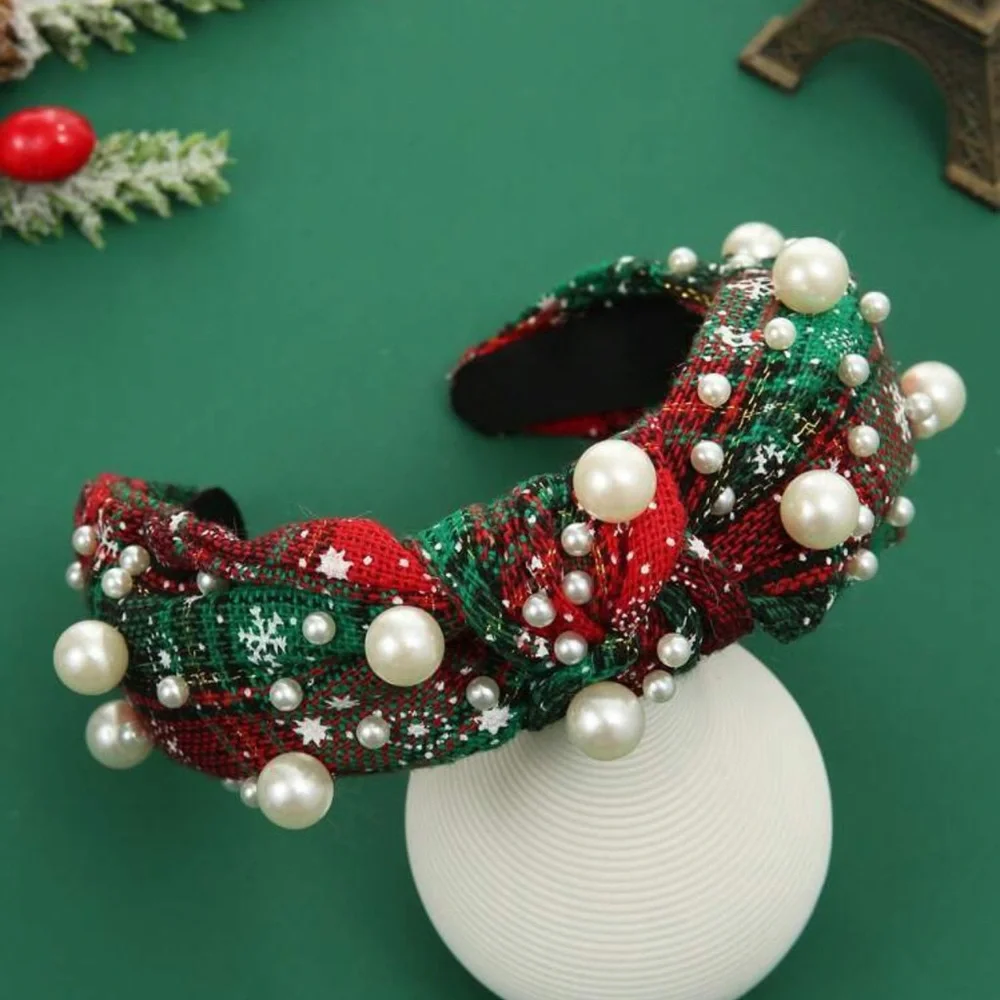 Green Red Pearl Plaid Knot Headband Christmas Holidays - Picture 2 of 4